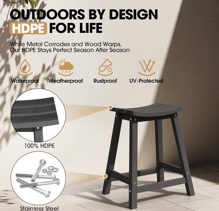 2 Set 24" Outdoor Bar Stools Heavy Duty HDPE Counter Height Bar Stools Weatherproof Patio Seats Modern Waterproof BarStools for Bar Deck Balcony Kitchen Counter Yard, Black