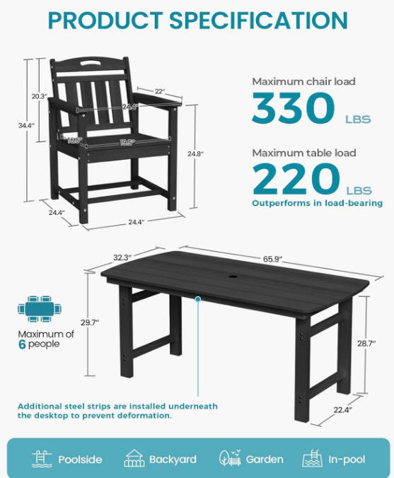 HDPE Outdoor Dining Set, 7-Piece Patio Table and Chairs Set with Umbrella Hole, All-Weather Patio Dining Sets for 6, Durable Patio Furniture for Backyard, Garden, Lawn & Poolside, Black