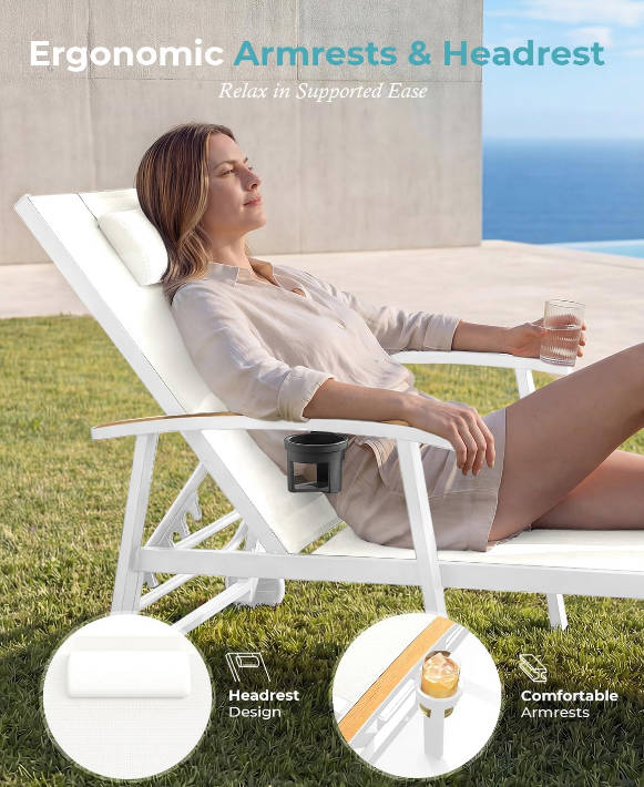 Outdoor Lounge Chair with Pillow, 5-Position Aluminum Chaise Lounge with Wheels & Armrests, 400 lbs Heavy Duty Patio Pool Chair for Deck, Backyard, Beach & Poolside, White
