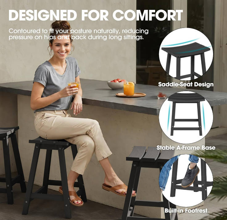 2 Set 24" Outdoor Bar Stools Heavy Duty HDPE Counter Height Bar Stools Weatherproof Patio Seats Modern Waterproof BarStools for Bar Deck Balcony Kitchen Counter Yard, Black