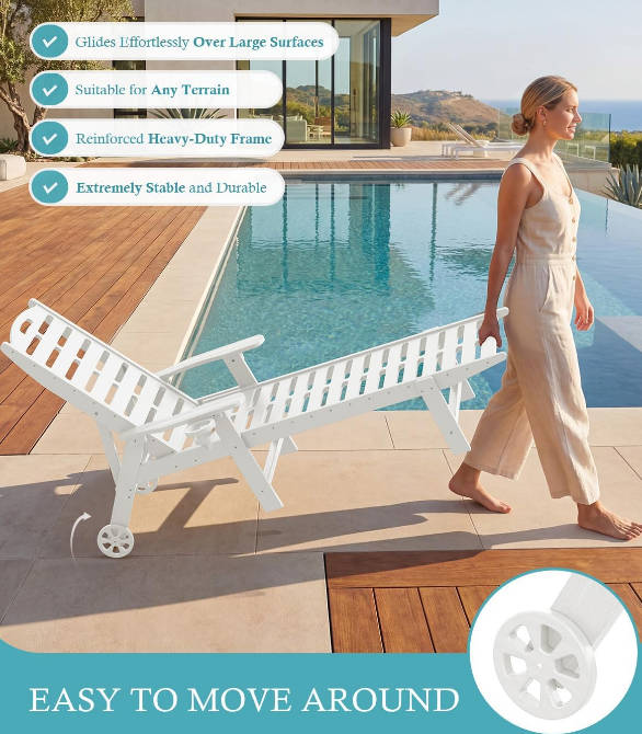 Lounge Chair Outdoor with Wheels & Cup Holder, 5-Position Adjustable Heavy Duty Patio Lounge Chair, HDPE Outdoor Chaise Lounge, 350 lbs Capacity, All Weather for Poolside, Deck, Backyard (White)