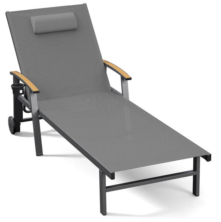 Outdoor Lounge Chair with Pillow, 5-Position Aluminum Chaise Lounge with Wheels & Armrests, 400 lbs Heavy Duty Patio Pool Chair for Deck, Backyard, Beach & Poolside, Grey