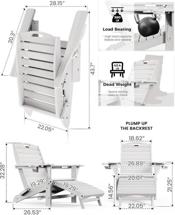 Folding Adirondack Chair with Retractable Ottoman Fire Pit Patio Chair with Pull Out Foot Rest Weather Resistant Lawn Outdoor Lounge Chair with 2 Cup Holder (White)