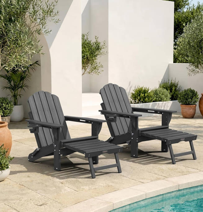 Folding Adirondack Rocking Chair with Retractable Ottoman, 4-in-1 Outdoor Adjustable Adirondack Chair with Cup Holders, All-Weather HDPE Rocker for Porch, Deck, Patio, Poolside (Dark Grey)