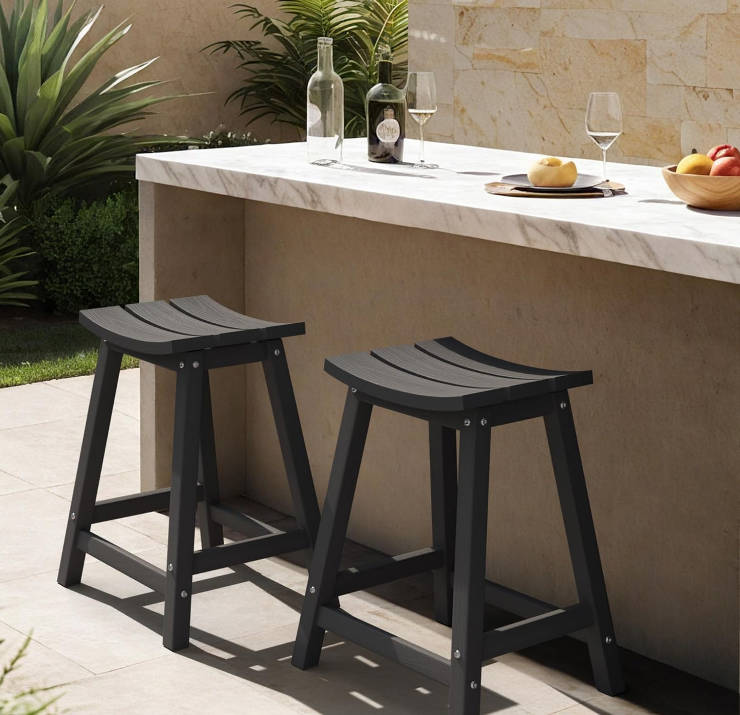 2 Set 24" Outdoor Bar Stools Heavy Duty HDPE Counter Height Bar Stools Weatherproof Patio Seats Modern Waterproof BarStools for Bar Deck Balcony Kitchen Counter Yard, Black
