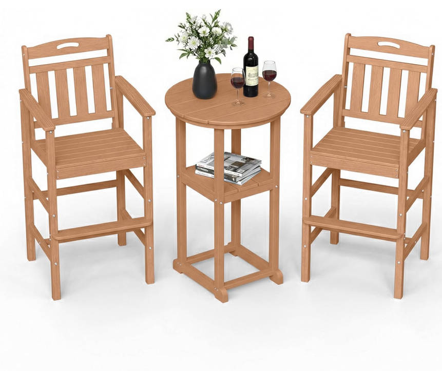 Outdoor High Top Bar Set of 3, Space-Saving Bistro Table and Chairs, All-Weather Small Bar Set with Storage Shelf, Round Table with 2 Oversized Adirondack Chairs for Balcony Deck, Teak
