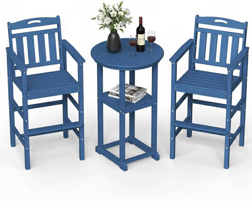 Outdoor High Top Bar Set of 3, Space-Saving Bistro Table and Chairs, All-Weather Small Bar Set with Storage Shelf, Round Table with 2 Oversized Adirondack Chairs for Balcony Deck, Navy Blue