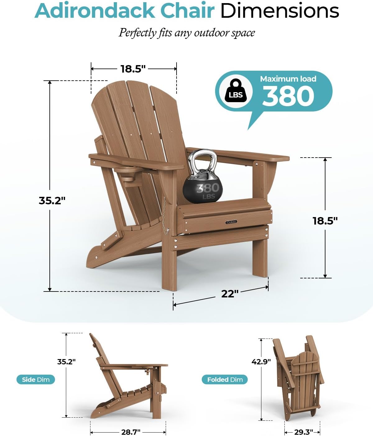 Folding Adirondack Chair Wood Texture, Patio Adirondack Chair Weather Resistant, Plastic Fire Pit Chair with Cup Holder, Lawn Chair for Outdoor Porch Garden Backyard Deck (Teak)