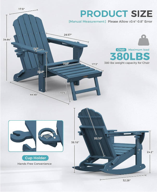 Folding Adirondack Rocking Chair with Retractable Ottoman, 4-in-1 Outdoor Adjustable Adirondack Chair with Cup Holders, All-Weather HDPE Rocker for Porch, Deck, Patio, Poolside (Navy Blue)