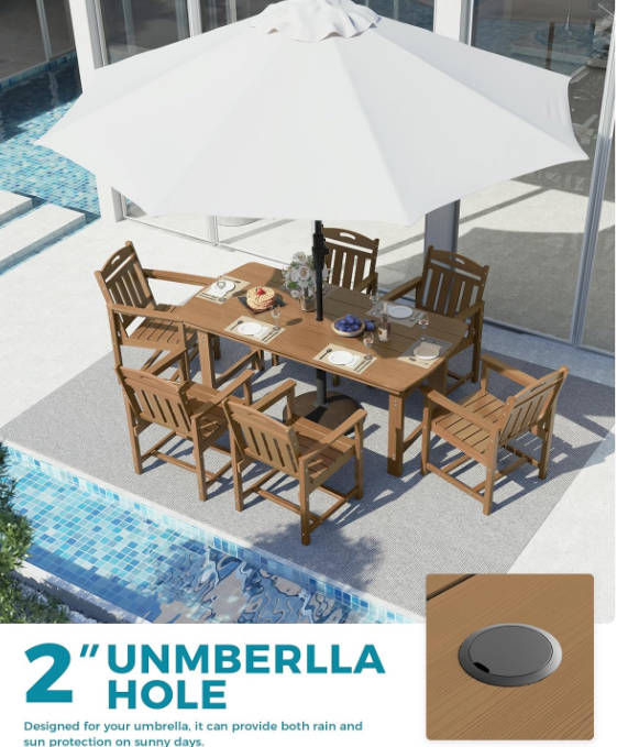 HDPE Outdoor Dining Set, 7-Piece Patio Table and Chairs Set with Umbrella Hole, All-Weather Patio Dining Sets for 6, Durable Patio Furniture for Backyard, Garden, Lawn & Poolside, Teak