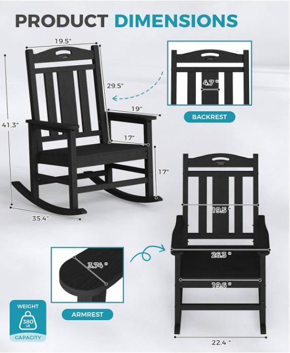Oversized Outdoor Rocking Chair, 380lbs Heavy-Duty Large Patio Rocker, Weather Resistant & Anti-Fade Porch Chair, High Back Cozy Rocking Chair for Outside, Fire Pit, Deck, Garden, Black