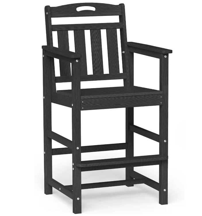 Bar Height Adirondack Chair, 380lbs Heavy Duty Tall Bar Chair Patio Stool with Arms & High Back, All-Weather Outdoor Chair for Bar Table, Balcony, Poolside, Deck and Garden, Black