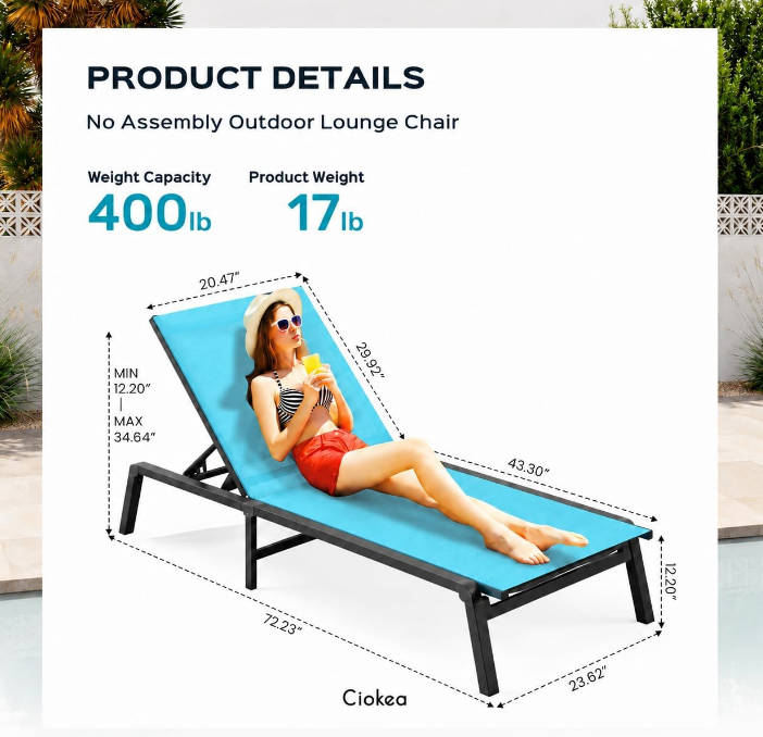 Aluminum Chaise Lounge Ourdoor - Foldable & Assemble Free Outdoor Lounge Chair with 5 Adjustable Backrest, Patio Lounge Chair for Outside Poolside Beach Pool, Lake Blue
