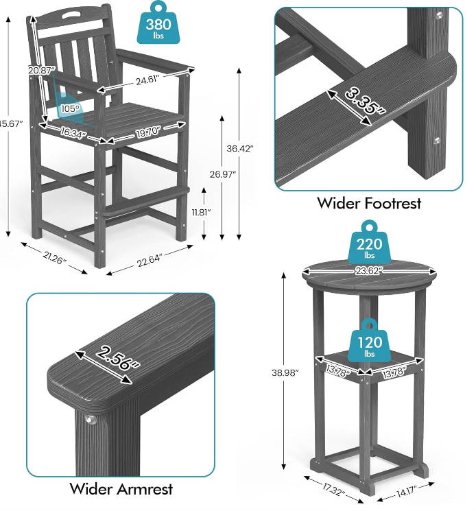 Outdoor High Top Bar Set of 3, Space-Saving Bistro Table and Chairs, All-Weather Small Bar Set with Storage Shelf, Round Table with 2 Oversized Adirondack Chairs for Balcony Deck, Grey