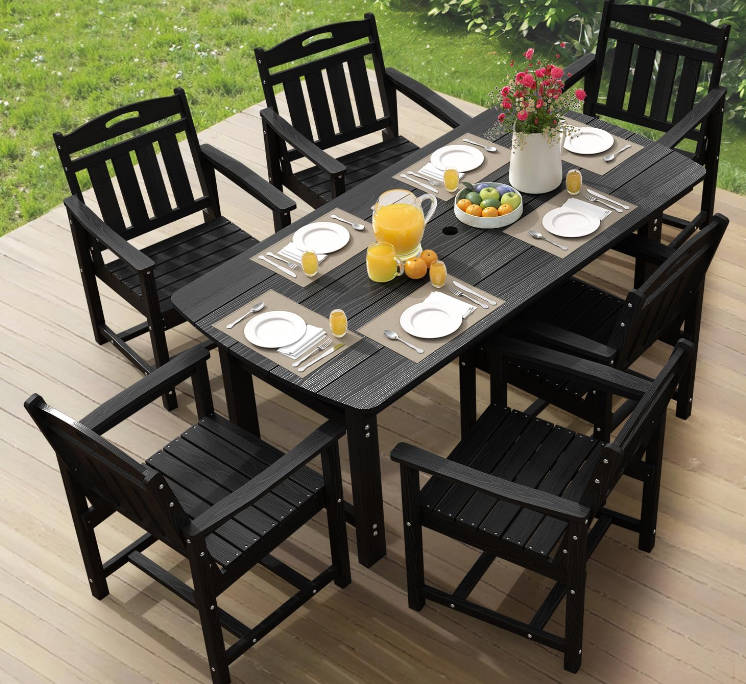 HDPE Outdoor Dining Set, 7-Piece Patio Table and Chairs Set with Umbrella Hole, All-Weather Patio Dining Sets for 6, Durable Patio Furniture for Backyard, Garden, Lawn & Poolside, Black