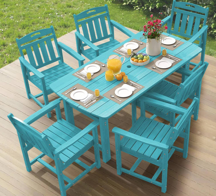 7-Piece Patio Table and Chairs Set with Umbrella Hole, All-Weather Patio Dining Sets for 6, Durable Patio Furniture for Backyard, Garden, Lawn & Poolside, Lake Blue