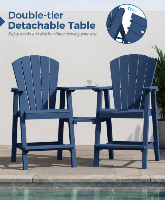 Tall Adirondack Chairs Set of 2, HDPE Outdoor High Back Adirondack Chair with Double Connecting Tray, Weather Resistant Balcony Chairs for Deck, Lawn, Pool, Backyard, Navy Blue