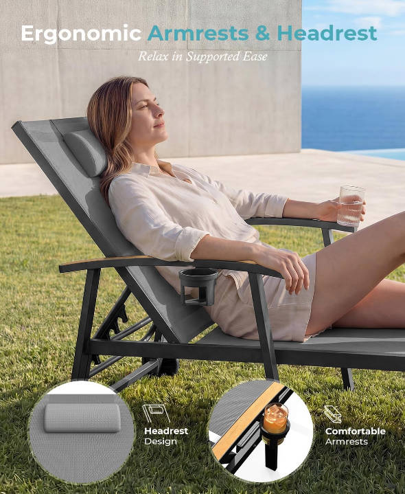 Outdoor Lounge Chair with Pillow, 5-Position Aluminum Chaise Lounge with Wheels & Armrests, 400 lbs Heavy Duty Patio Pool Chair for Deck, Backyard, Beach & Poolside, Grey