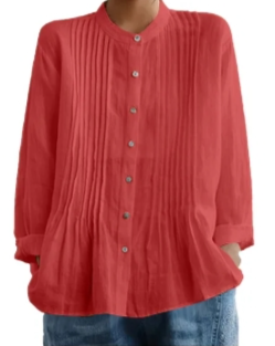 Pleated Button-Up Linen Blouse
