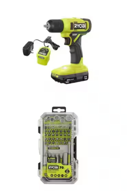 Ryobi Cordless Drill & 70-Piece Bit Set Combo