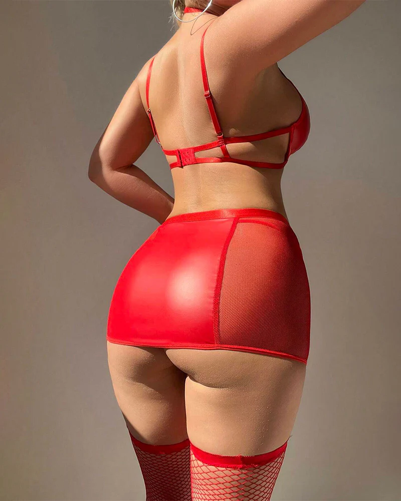 Cutout Halter Leather Mini Skirt Socks Set