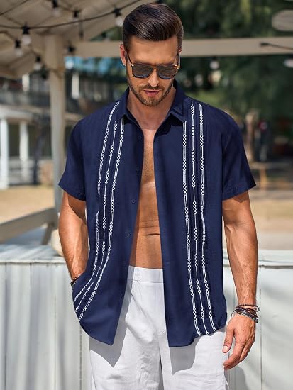 Runcati Mens Short Sleeve Guayabera Shirts Linen Cotton Button Down Mexican Embroidered Cuban Wedding Shirt Summer Beach Tops 
