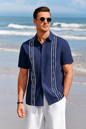 Runcati Mens Short Sleeve Guayabera Shirts Linen Cotton Button Down Mexican Embroidered Cuban Wedding Shirt Summer Beach Tops 