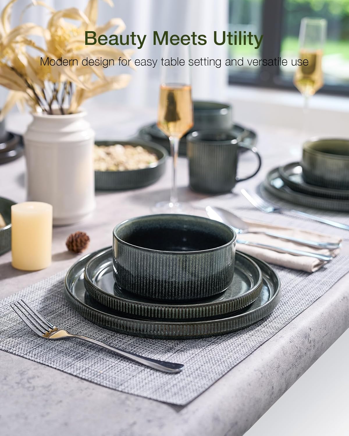 Famiware Star 12-Piece Stoneware Dinnerware Sets for 4, Reactive Glaze Plates and Bowls, Modern Rustic Dishes for Everyday & Formal Use, Chip/Scratch Resistant, Microwave/Dishwasher Safe, Deep Forest 