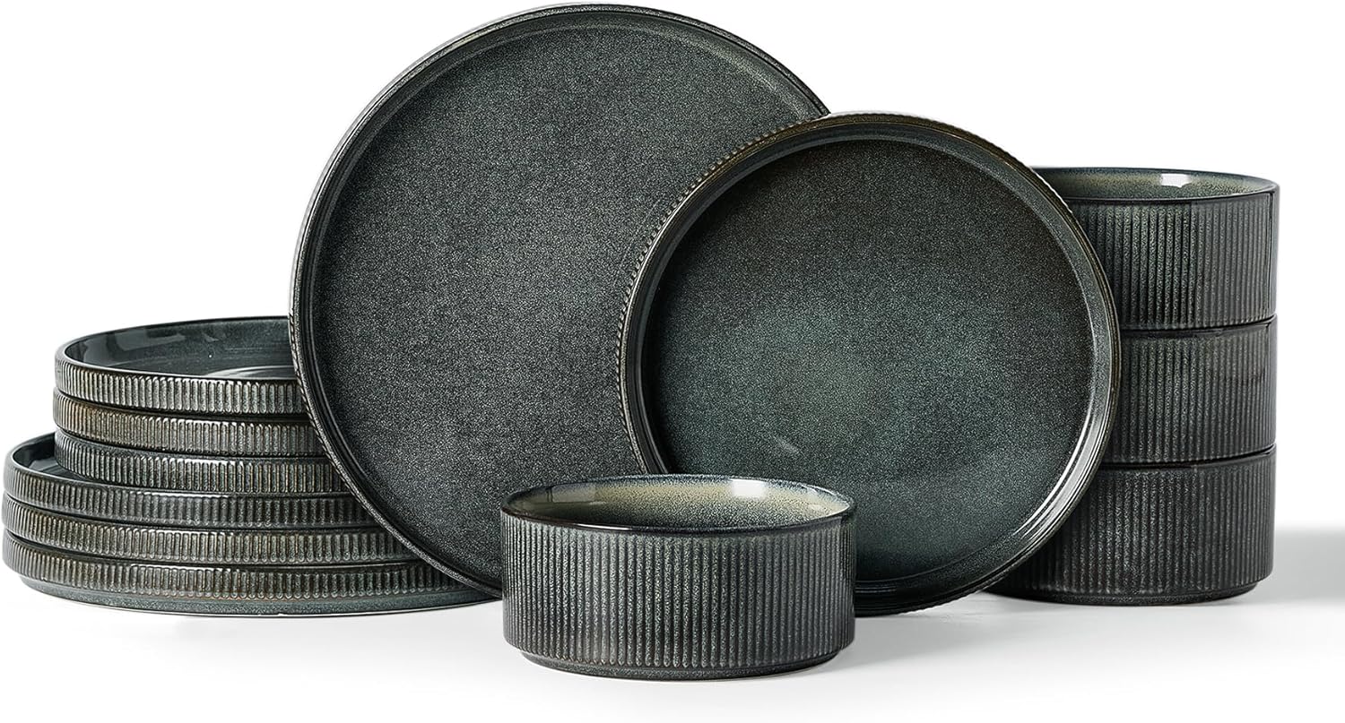Famiware Star 12-Piece Stoneware Dinnerware Sets for 4, Reactive Glaze Plates and Bowls, Modern Rustic Dishes for Everyday & Formal Use, Chip/Scratch Resistant, Microwave/Dishwasher Safe, Deep Forest 