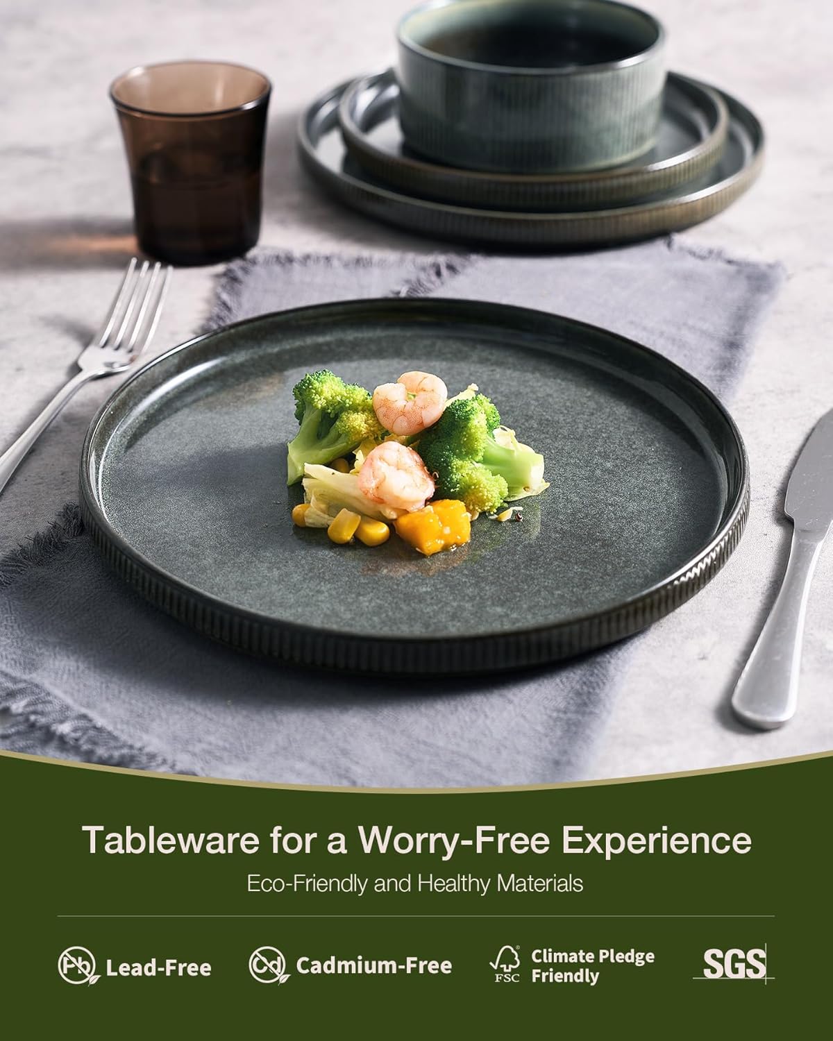 Famiware Star 12-Piece Stoneware Dinnerware Sets for 4, Reactive Glaze Plates and Bowls, Modern Rustic Dishes for Everyday & Formal Use, Chip/Scratch Resistant, Microwave/Dishwasher Safe, Deep Forest 