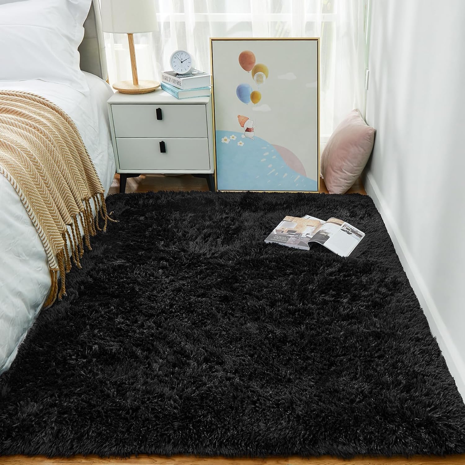 Ophanie 3x5 Black Rugs for College Dorm, Bedroom Small Area Rug, Non-Slip Fluffy Shaggy Bedside Soft Shag Fuzzy Plush Carpet for Kids Boys Teen Decor Aesthetic, Nursery with Over 99 pcs Pile fibers 