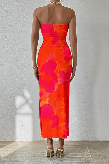 PRETTYGARDEN Women's Summer Wedding Guest Dress Strapless Tube Top Maxi Bodycon Long Floral Mesh Beach Vacation Party Dresses 