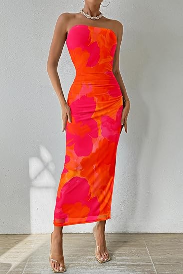 PRETTYGARDEN Women's Summer Wedding Guest Dress Strapless Tube Top Maxi Bodycon Long Floral Mesh Beach Vacation Party Dresses 