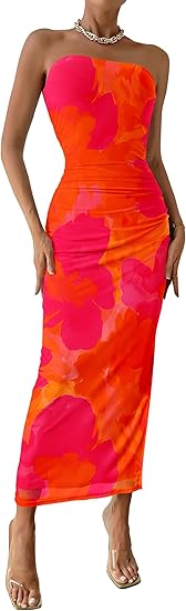 PRETTYGARDEN Women's Summer Wedding Guest Dress Strapless Tube Top Maxi Bodycon Long Floral Mesh Beach Vacation Party Dresses 