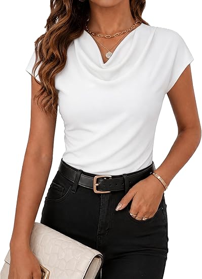 Woemn's Cowl Neck Cap Sleeve Shirts Business Casual Tops Fitted Soft Summer Blouses 2026 Trendy Clothes 