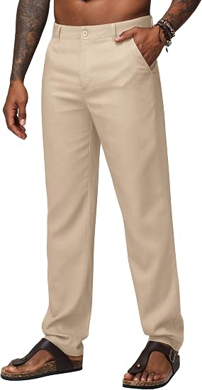 Men's Linen Pants Casual Breathable Linen Dress Pants Summer Beach Work Trousers 30'' 32'' 