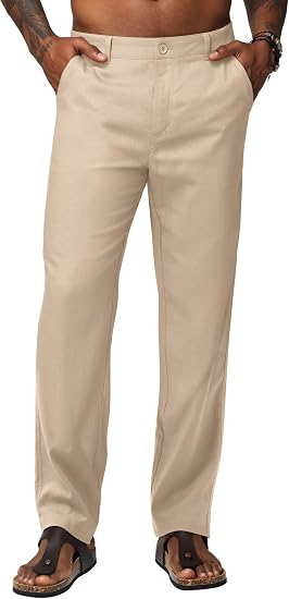 Men's Linen Pants Casual Breathable Linen Dress Pants Summer Beach Work Trousers 30'' 32'' 