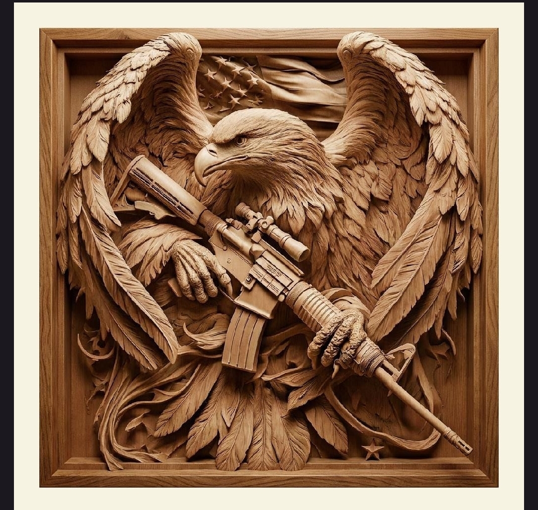 Eagle with Rifle Wood Carving