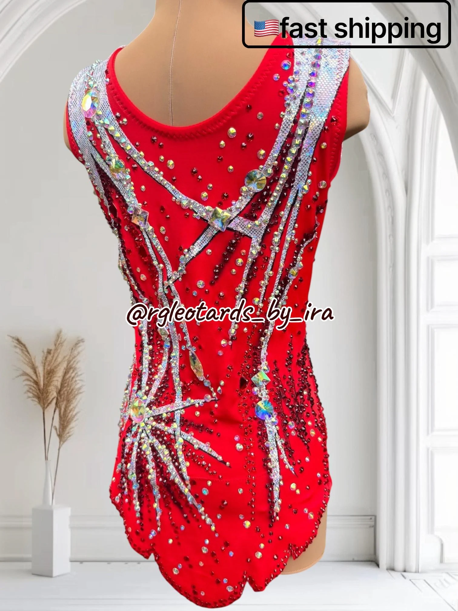 Red Rhythmic Gymnastics Competition Leotard | Torso 124 cm | Crystal RG Leotard | Ready to Ship in USA