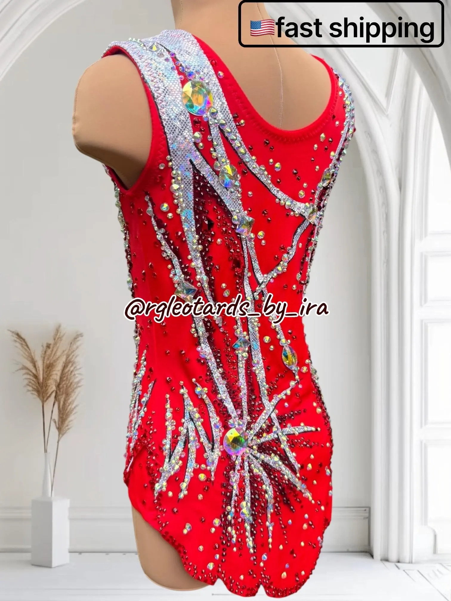 Red Rhythmic Gymnastics Competition Leotard | Torso 124 cm | Crystal RG Leotard | Ready to Ship in USA