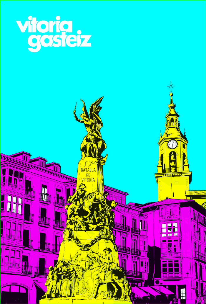 Plaza azul, amarillo y fucsia