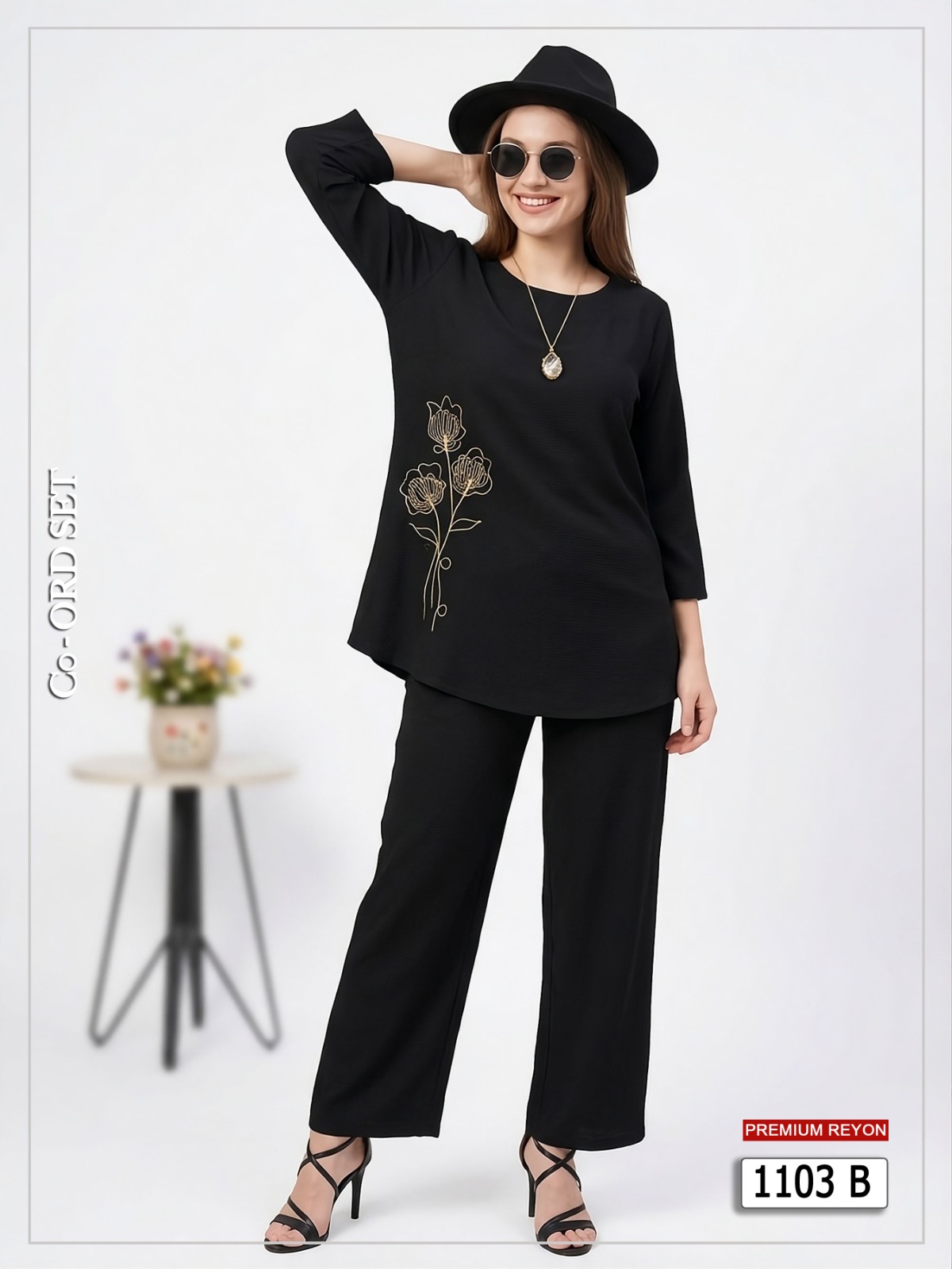 Black Floral Rayon Co-Ord Set