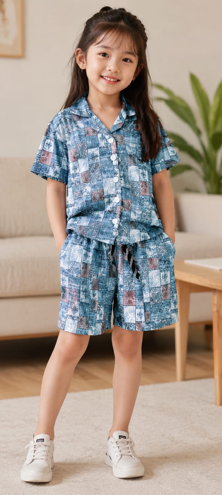 Kids' Blue Patchwork Shorts Set