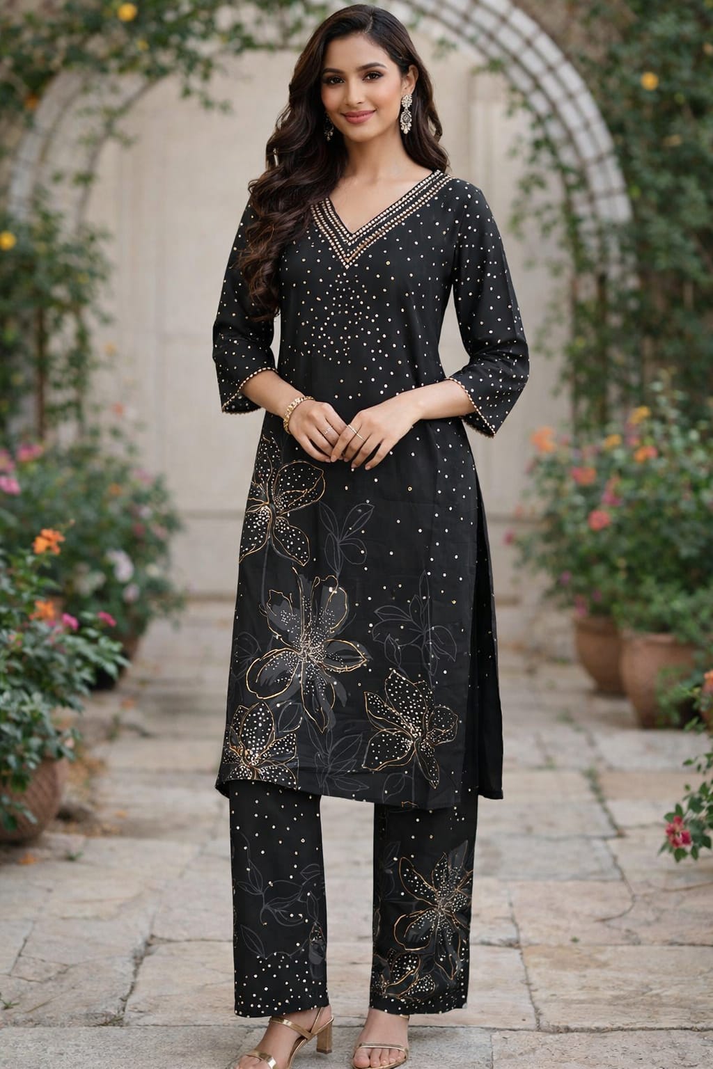 Black Floral Embroidered Kurta Set