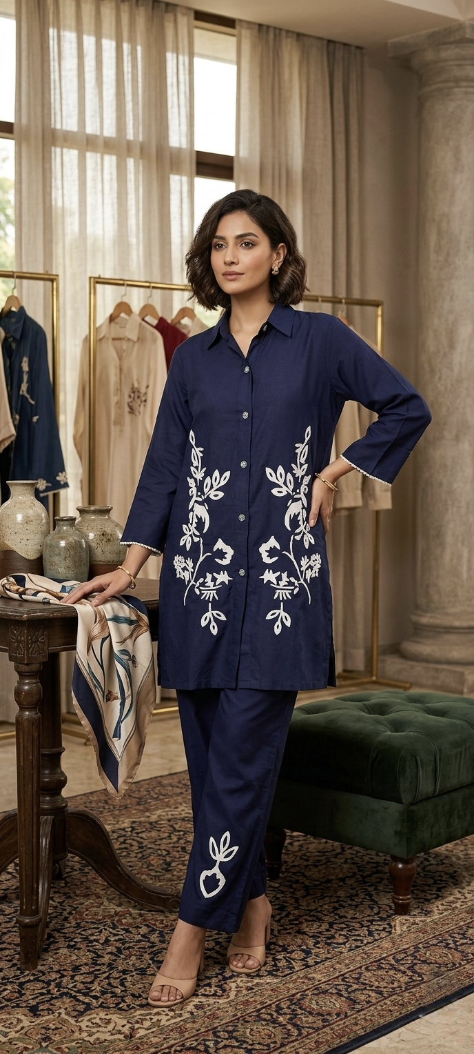 Navy Blue Pinted  Kurta Set