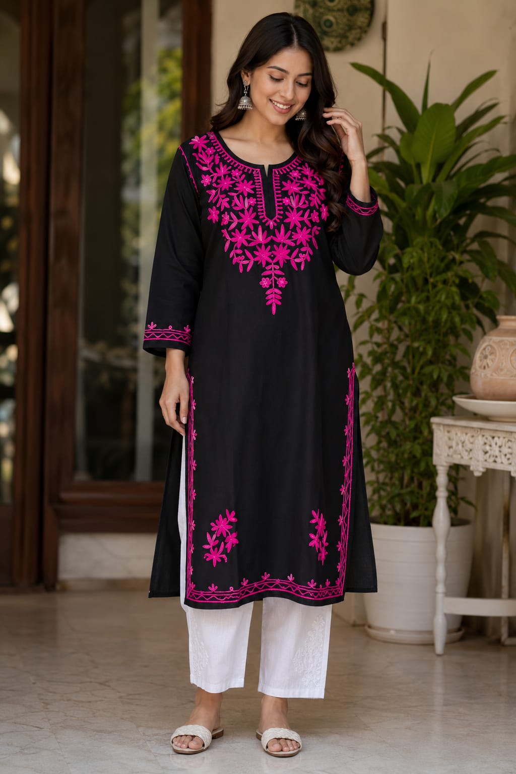 Black Kurti with Pink Embroidery Premium Design