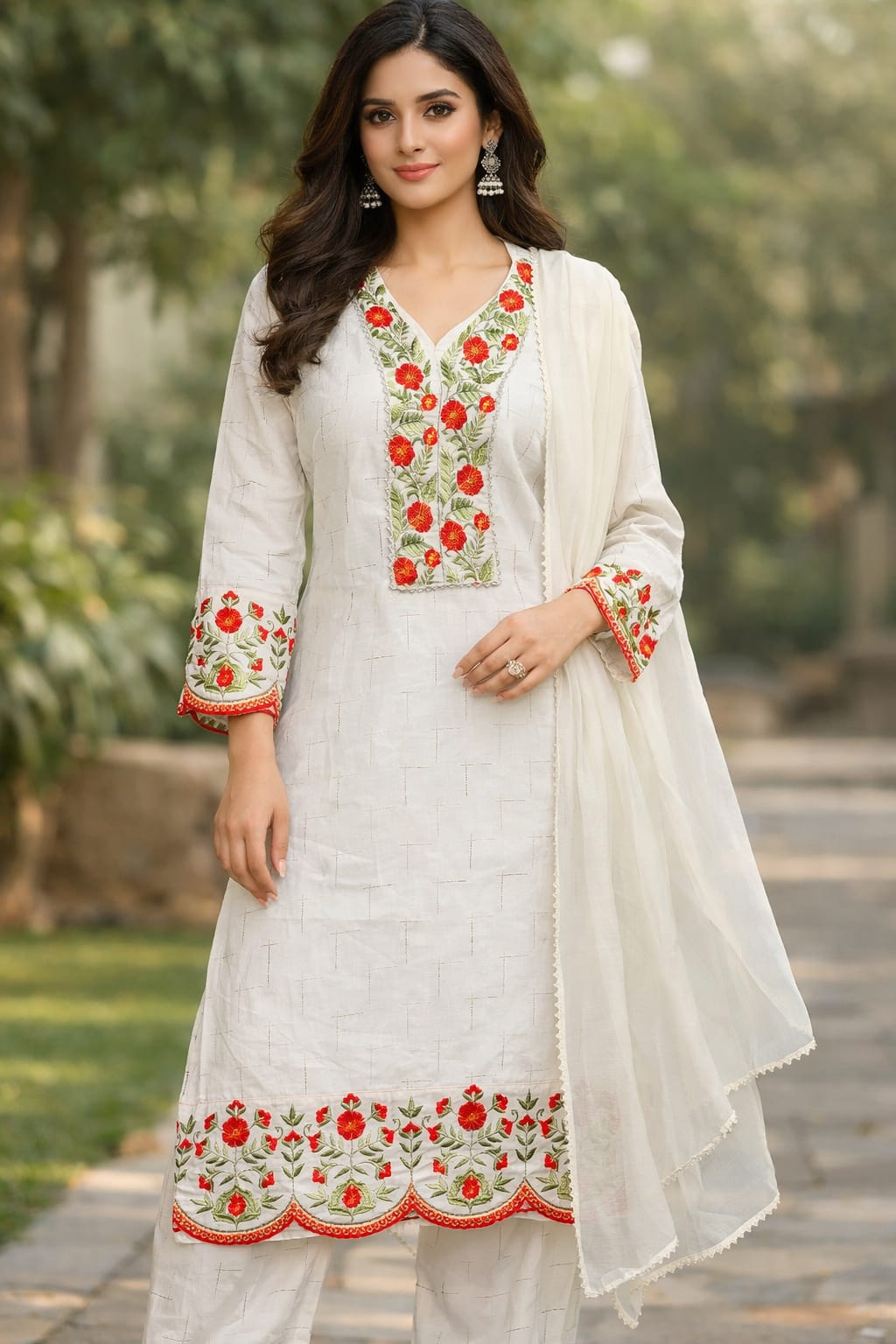 White Floral Embroidered Kurta Set