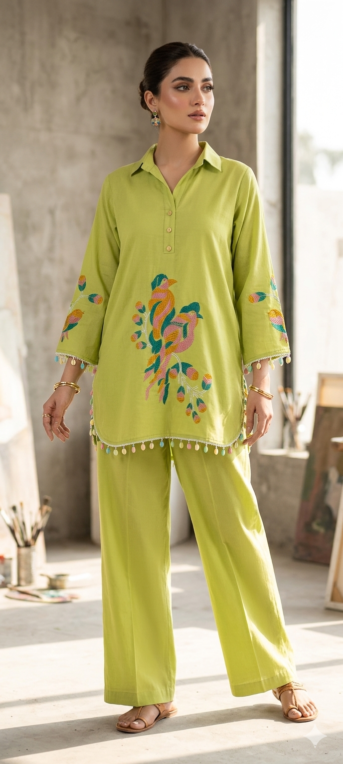 Emboidiery Lime Green Kurta Set