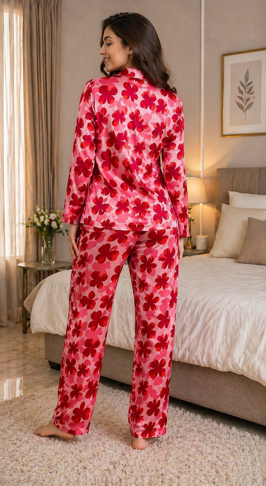 Red Floral Satin Shirt Pajama Set