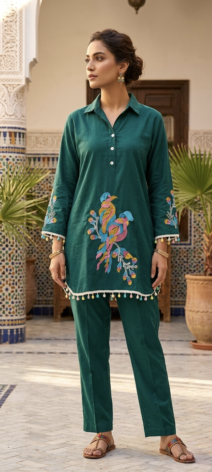 Embroidered Green Kurta Set